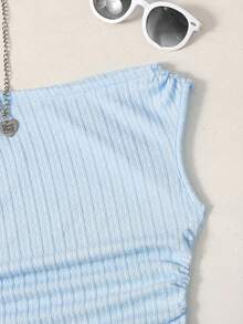 SHEIN 青少年女孩修身休閒不對稱肩紋理布料背心上衣 - 淺藍色 - 查看 3
