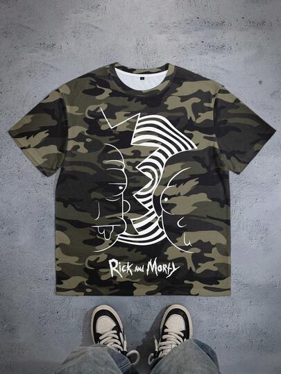 Rick and Morty X SHEIN Men's Camouflage & Letter Print Round Neck Short Sleeve T-Shirt