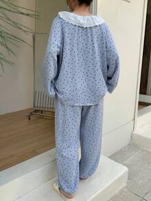 Dazy Plus Plus Size Women Bow Polka Dot Print Ruffle Trim Long Sleeve Top And Pants Pajama Set - Blue - View 7