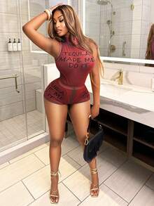 BamGleam 女士标语印花立领连体裤和短裤性感修身两件套 - 紅色 - 查看 4