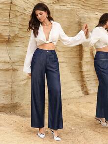 Modelyn 女士口袋直筒休闲牛仔效果宽松蓝色裤子 - 藍色 - 查看 7