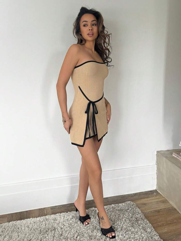Vestido de Suéter Ajustado com Cadarço e Bloco de Cor, Casual e Confortável - Caqui - Visão 6