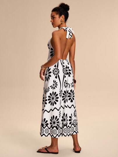 Breezaya Women's Loose Backless Floral Print Midi Dress, Casual Beach Vacation Floral Pattern