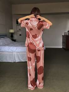 Dream Adore Heart & Letter Print Satin Pocket Short Sleeve Pajama Set For Women - Red - View 2