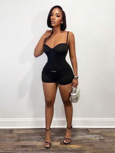 BamGleam Women's Letter Print Ruched Sexy Camisole Romper