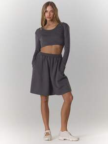 MUSERA 双层长袖露肩上衣，夏季运动休闲风，适合日常穿着，街头风，街头服饰 - 灰色 - 查看 5