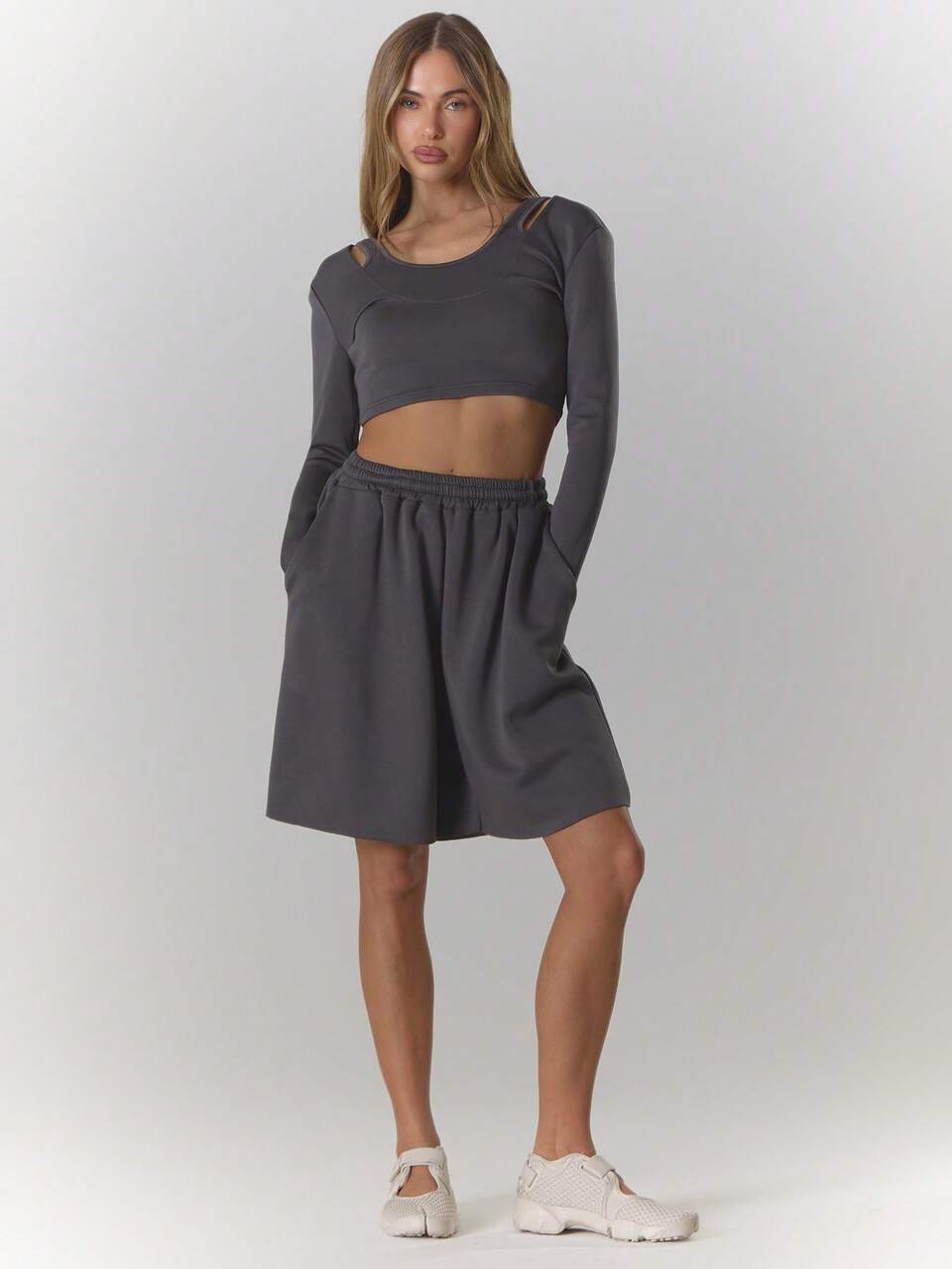 Double Layer Long Sleeve Underbust Top Summer, Sporty, Casual, Day, Streetstyle, Streetwear Spring Holiday