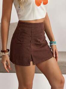 Breezaya Women's Casual Slit Denim Mini Skirt, Summer - Coffee Brown - View 2