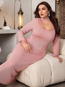 Modelyn Romantic Lace Collar Patchwork Long Sleeve Slim Fit Knit Dress, Spring/Summer - Coral Pink - View 5