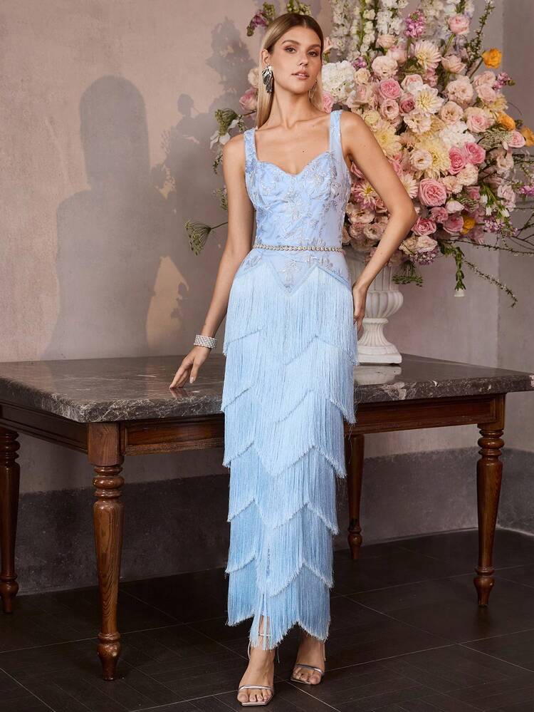 MOTF Soiréza EMBROIDERY FLORAL PATTERN LAYERED FRINGE HEM FORMAL EVENING DRESS