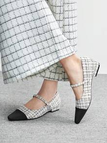 CUCCOO BIZCHIC Women's New Gray French Low Heel Pointed Toe Simple Fashionable Knitted Mary Jane Shoes For Christmas Spring Shoes - Beige grid - View 3