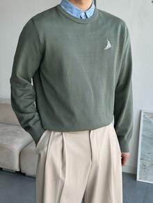 DAZY 男士修身通勤毛衣，绣花图案，春秋季 - 軍綠色 - 查看 1