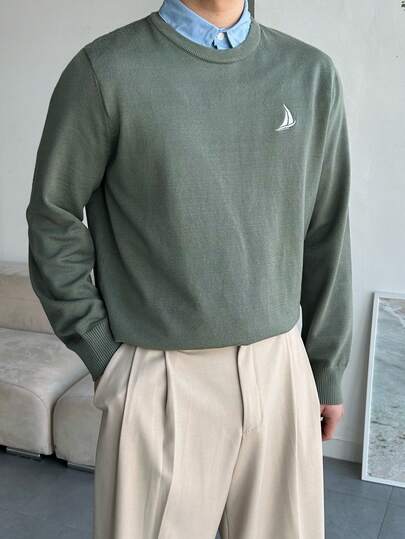 DAZY 男士修身通勤毛衣，绣花图案，春秋季