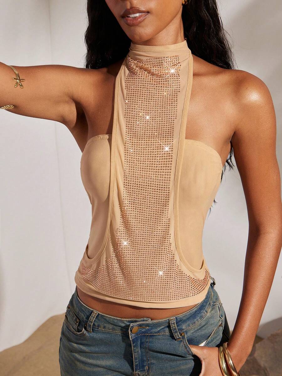 Opulessa Summer Spring Vacation Beach Elegant Casual Going Out Party Wedding Birthday Shiny Rhinestone Women's Y2K Rhinestone Design Cropped Halter Top - Khaki - View 1