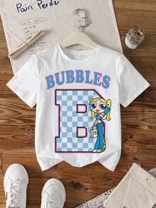 THE POWERPUFF GIRLS X SHEIN Tween Girl Letter & Bubbles Pattern Round Neck Short Sleeve T-Shirt - White - View 7