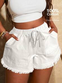 SHEIN SXY 大码女式春夏新款复古水洗复古松紧腰下摆流苏短裤，适合日常穿着、音乐节、音乐会、狂欢派对、海滩度假、约会之夜、生日、单身派对、俱乐部、可爱、休闲、购物、街头服饰、外出 - 白色 - 查看 7