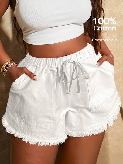 SHEIN SXY Quần short nữ cỡ lớn mùa xuân hè kiểu vintage mới, cạp chun co giãn, gấu quần tua rua, thích hợp mặc hàng ngày, đi lễ hội âm nhạc, hòa nhạc, tiệc hóa trang, kỳ nghỉ biển, hẹn hò, sinh nhật, tiệc độc thân, câu lạc bộ, dễ thương, thường ngày, mua sắm, thời trang đường phố, đi chơi, kỳ nghỉ.