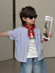 DAZY Young Boy Striped Print Button-Front Casual Short Sleeve Shirt - Blue - View 5