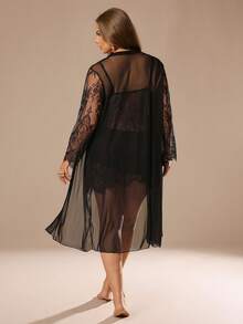 Auralis Plus Size Màu Trơn Phối Ren Gợi Cảm Váy Trơn Trượt Trong Suốt Và Bộ Đồ Ngủ Dài Tay - màu đen - Xem 2