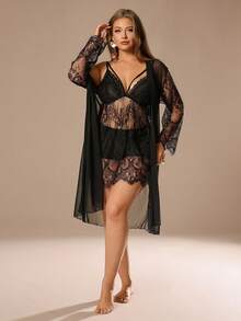 Auralis Plus Size Màu Trơn Phối Ren Gợi Cảm Váy Trơn Trượt Trong Suốt Và Bộ Đồ Ngủ Dài Tay - màu đen - Xem 7