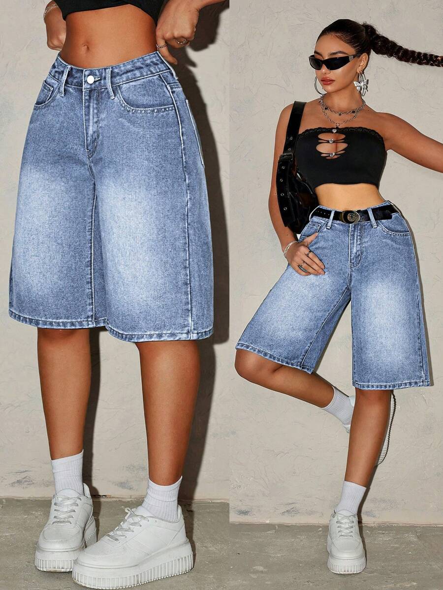 SHEIN ICON Quần short denim bạc màu thời trang nữ - Rửa nhẹ - Xem 1