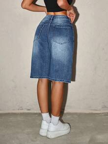 SHEIN ICON Quần short denim nữ kiểu dáng thường ngày, có túi và cúc. - Màu xanh lam - Xem 2