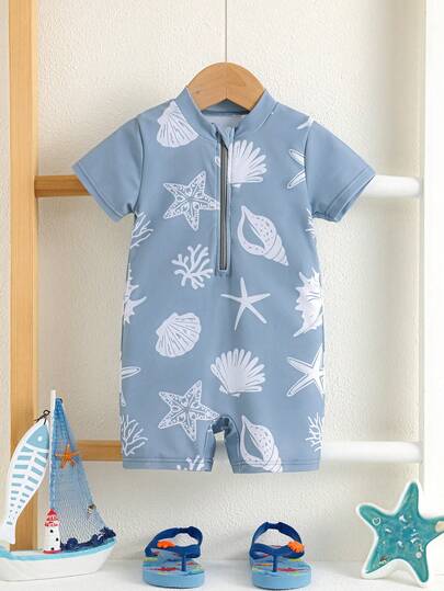 SHEIN Pelele informal de manga corta para bebé niño, con pantalón corto y cremallera delantera, adecuado para primavera, verano, playa, otoño, baños termales en invierno