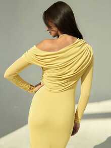 Aloruh Elegant Solid Color One Shoulder Ruched Dress, Casual & Party Wear - Yellow - View 7
