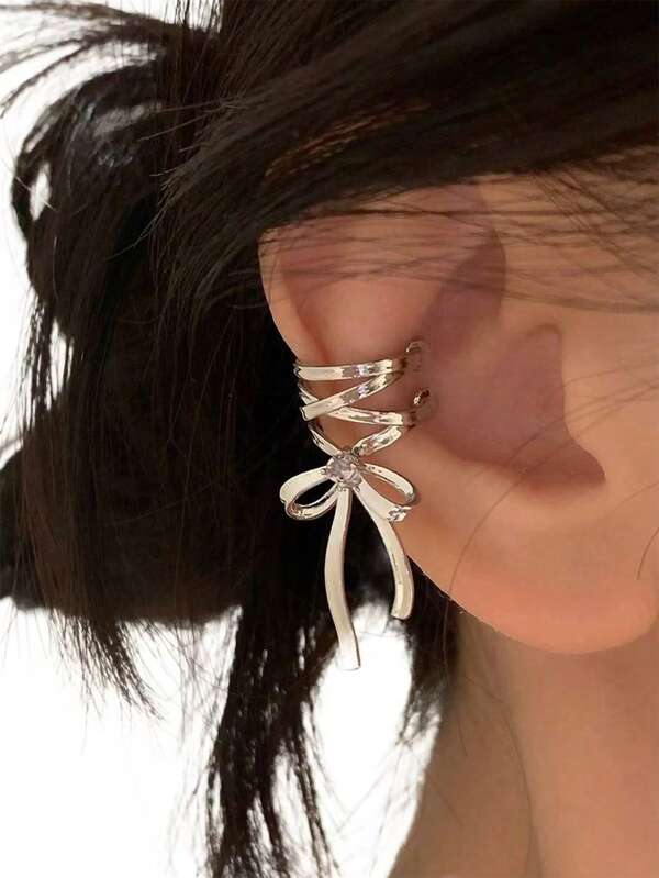 ROMWE Kawaii 1pair Silver Bowknot Clip-On Earrings