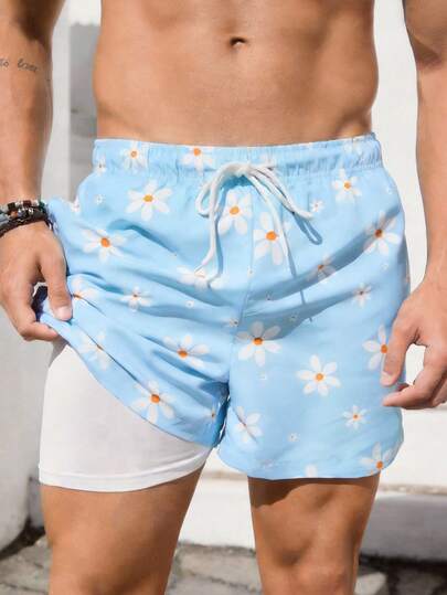 Manfinity RSRT Men's Beach Shorts With Milk Silk Lining, Light Blue Fresh Daisy Flower Print Beach Shorts