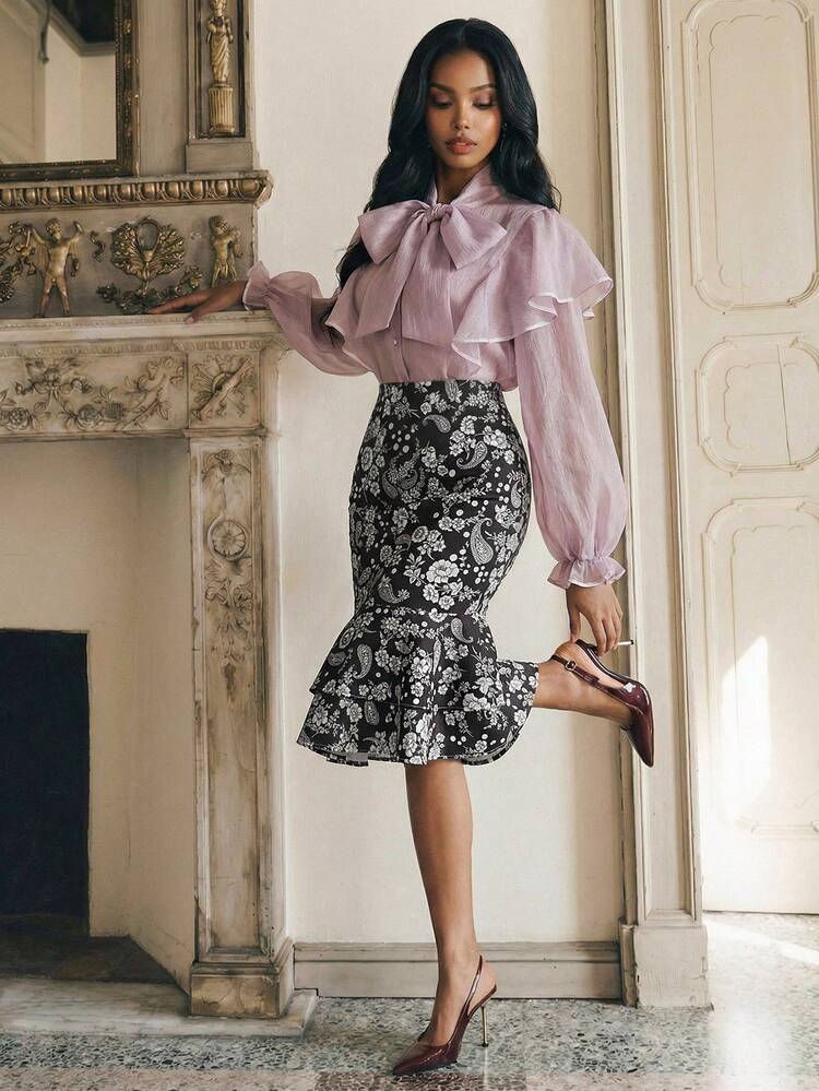Falda sirena de Body ceñido con estampado floral de anacardo elegante