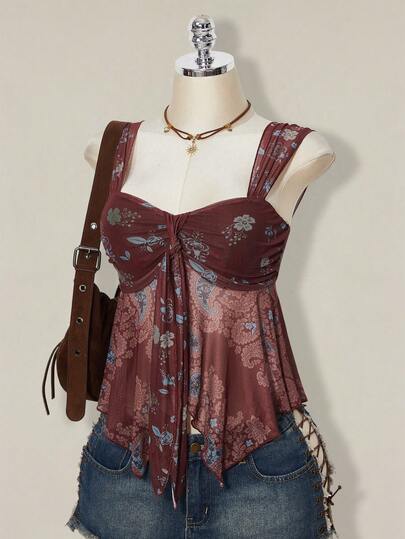 SHEIN ICON 2026 Nuevo Llegado Camiseta sin mangas minimalista con estampado para mujer, Top occidental, Top hippie, Top vaquero, Top con pañuelo, Primavera y Verano para Mujer