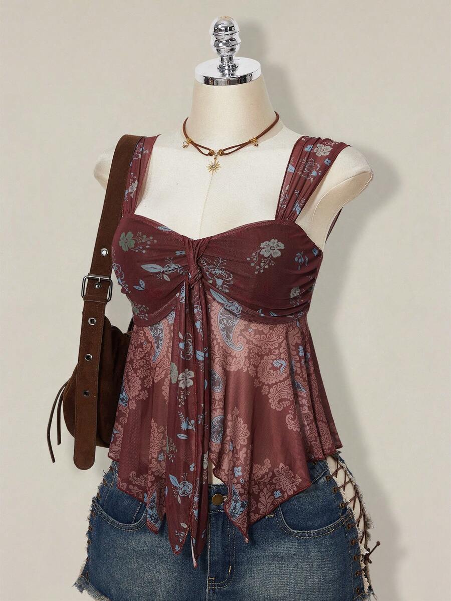 SHEIN ICON Áo tank top không tay in họa tiết tối giản kiểu miền Tây, phong cách hippie, áo cao bồi, áo kiểu khăn choàng, hàng mới về năm 2026 dành cho nữ, thích hợp cho các lễ hội mùa xuân hè. - Nhiều màu - Xem 1