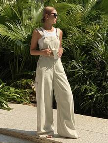 DAZY Women's Casual Solid Color Denim Bib Pants With Large Pockets - White - View 4