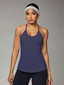 Easithlete Women's Solid Color Everyday Fitness Halter Neck Tank Top Curve Athletic Top Open Back Workout Top Backless Gym Top Open Back Athletic Top Activewear Racerback - Blue - View 3