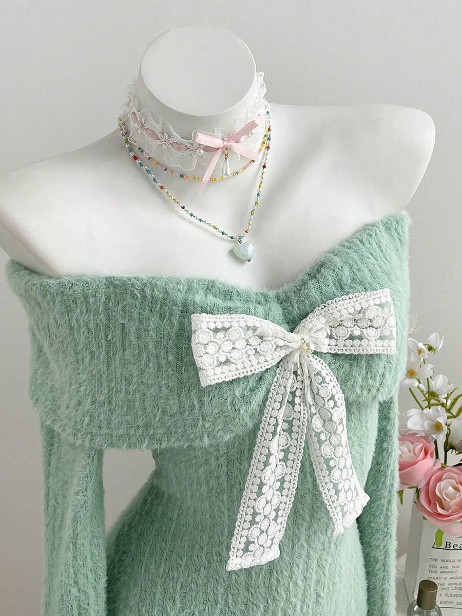 Elamini 白色露肩露背仿马海毛罗纹针织蝴蝶仿珍珠装饰长袖修身迷你连衣裙，Y2K复古可爱派对休闲连衣裙，适合秋冬季、圣诞节、新年等场合。 - 淺綠色 - 查看 1