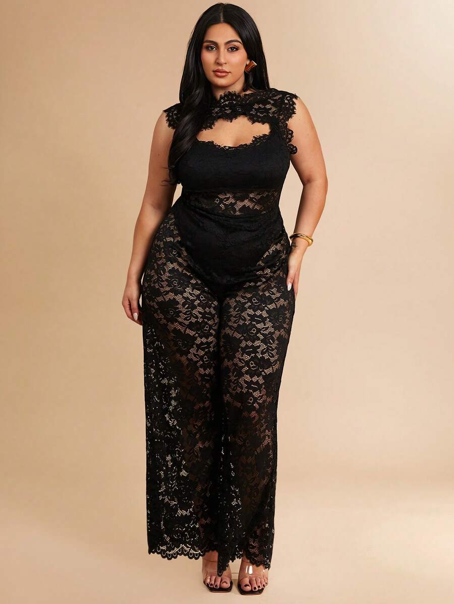 SHEIN BAE 大码女士纯黑色性感透视蕾丝露背连体裤，优雅日常、约会、派对外出装扮，不对称阔腿连体裤，情人节连体裤，日常连体裤，优雅连体裤，秋季蕾丝连体裤 - 黑色 - 查看 1