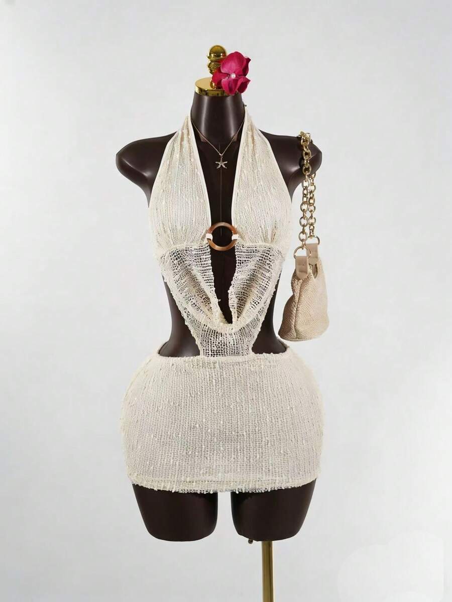 SaltGleam 纹理面料露背紧身度假连衣裙 - 杏色 - 查看 1