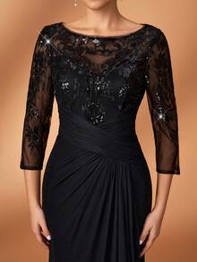 Serin 优雅奢华的珍珠亮片刺绣蕾丝贴花薄纱袖针织网纱荷叶边鱼尾连衣裙，适合婚礼、派对、节日、新娘、新娘母亲、晚礼服等场合。 - 黑色 - 查看 4
