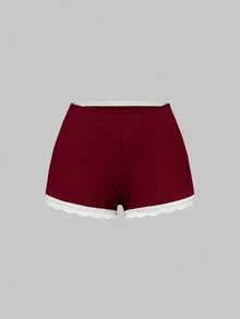 ROMWE Ribbed Lace Camisole & Shorts Casual Pajama Set - Burgundy - View 8