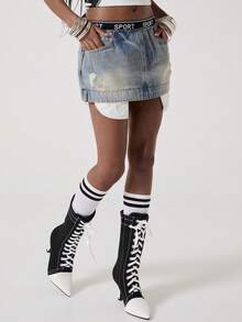 ROMWE Avant Women's Sporty Elastic Waist Low Waist Denim Mini Skirt - Light Wash - View 9