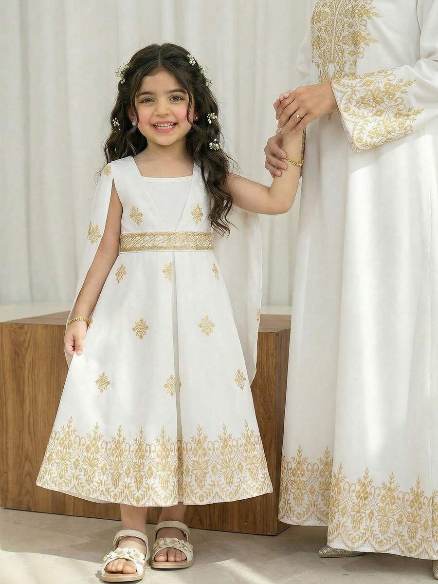 两件套少女奢华白色中东/阿拉伯风格长袍套装,包括金属箔印花长袍和带金色饰边腰带的无袖连衣裙,优雅时尚,适合日常、节日和正式场合。 - 白色 - 查看 1