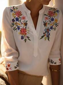 Balvessa Casual Split Collar Retro Print Women Shirt - White - View 1