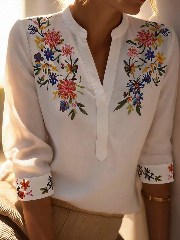 Balvessa Casual Split Collar Retro Print Women Shirt