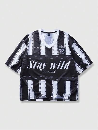 ROMWE MEN Men's Casual Fashion Street Sporty Letter Contrast Stripe Print V-Neck Loose Breathable Mesh T-Shirt, Summer