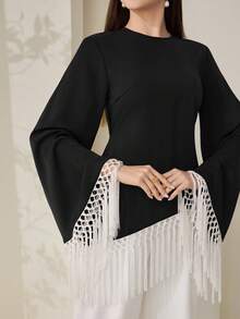 Veilorie Áo kiểu dáng mới, vạt áo bất đối xứng, phối màu, thắt eo tua rua, tay xòe, kiểu dáng thanh lịch. - màu đen - Xem 5