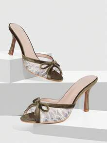 CUCCOO SZL 女士优雅通勤蕾丝蝴蝶结装饰高跟凉鞋 - 橄欖綠 - 查看 2