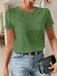 SHEIN Frenchy Solid Eyelet Embroidery Round Neck Tee - Green - View 5