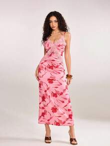 plantica 休闲性感都市时尚印花长款蕾丝吊带裙，适合度假、约会、居家、情人节、春夏穿着。 - 彩色 - 查看 4