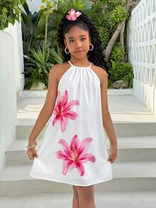Tween Girls Apricot Floral Print Halter Neck Dress, Casual Vacation Beach Camping Sundress, Versatile Hawaiian Sister Photo Shoot,Kids - White - View 3